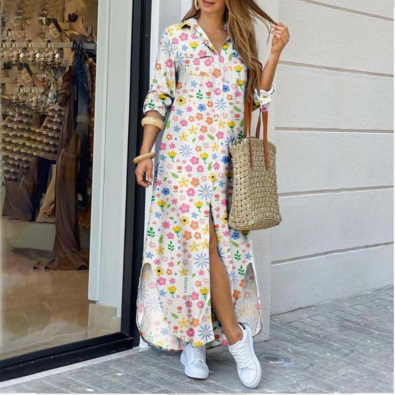 

European Polo Collar Loose Floral Print Dress Colorful flowers on white background M