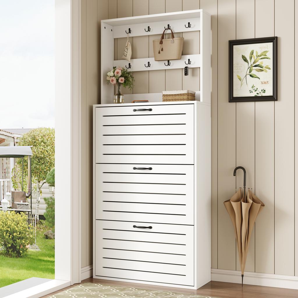 Shoe cabinet with 3 doors, shoe rack, shoe cabinet with hooks, storage for hats, bags, offers space for 15 pairs of shoes
