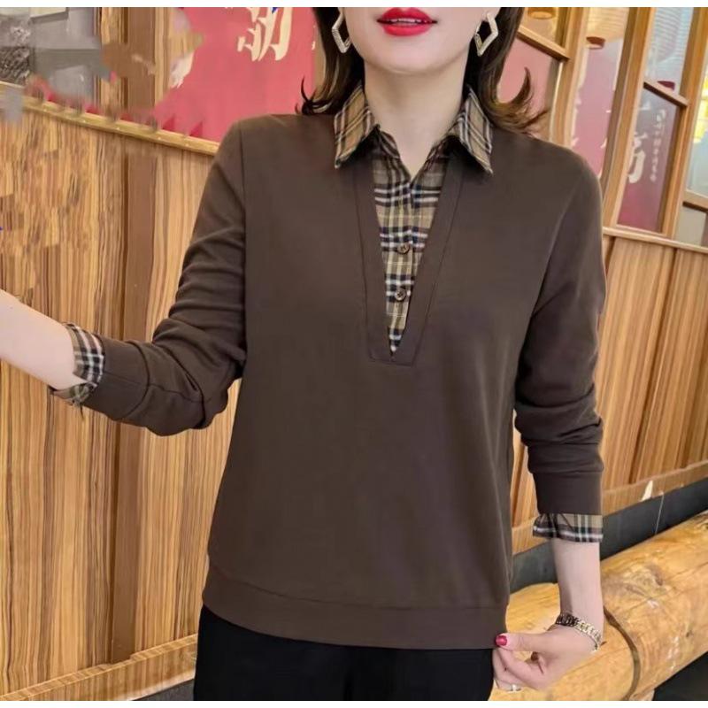Autumn Fashion Plaid Patchwork Turn-Down Collar Shirt for Middle-Aged Women - Stylish Age-Reducing Two-Piece