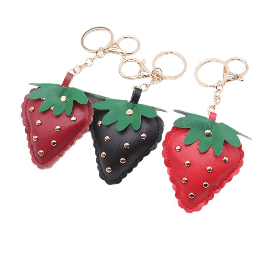 Cute Cartoon Strawberry Leather Keychain for Women Car Bag Pendant Keyring Accessories
