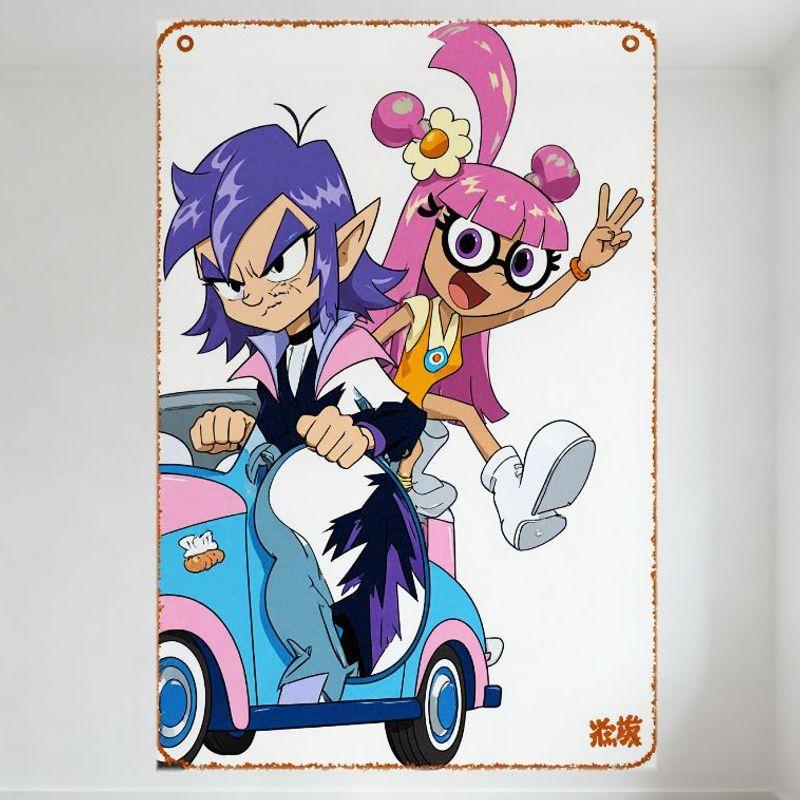 Cartoon Style Two Characters in Colorful Car Metal Tin Sign, Purple Hair Driver with Pointed Ears, Pink Hair Girl with Flowers, 20x30cm(7.8x11.8inch)
