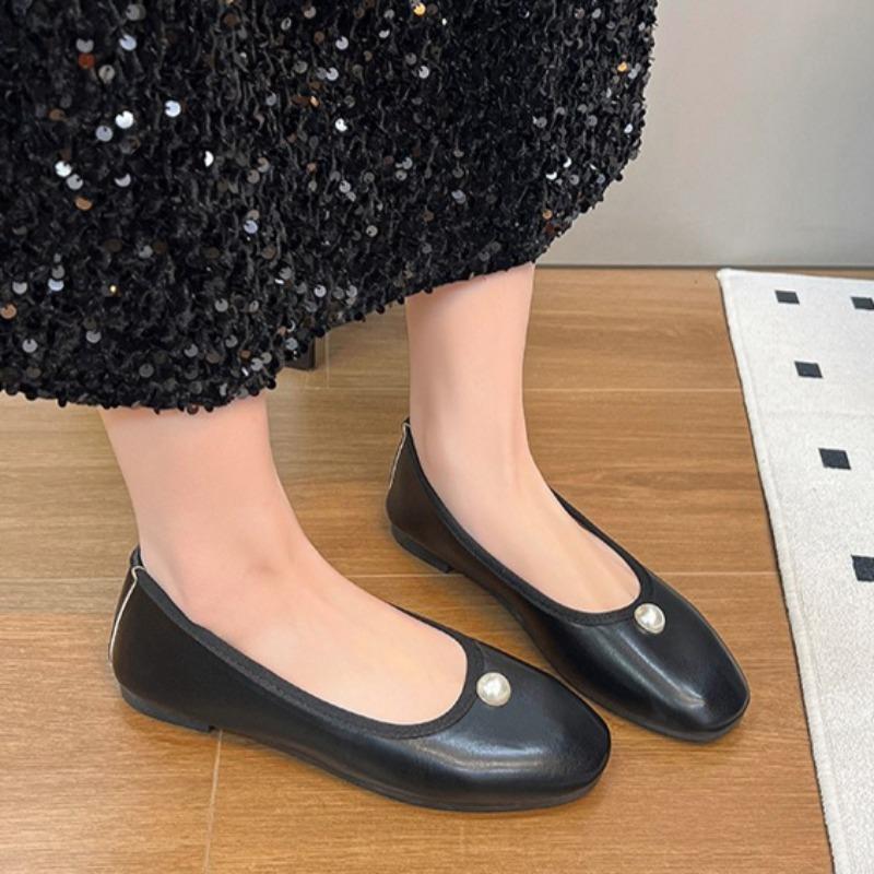 Perlen-Slip-on Weiche Sohle Einzelne Schuhe Mode Runde Spitze Flacher Mund Anti-Rutsch Verschleißfest Niedrige Schuhe