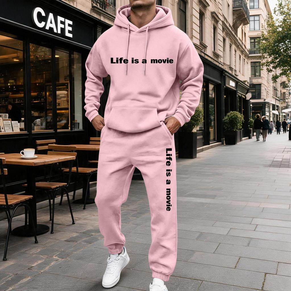 Men's Casual Letter Print Hooded Sweatshirt and Sweatpants Set, Lined Two Piece Outfit