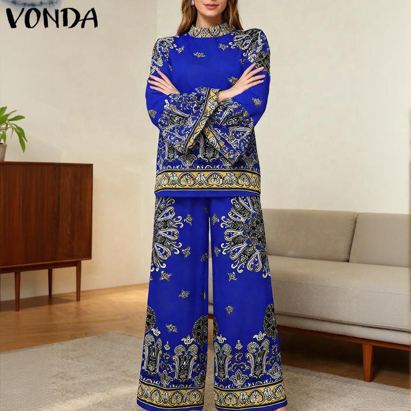 VONDA 2PCS Women Ethnic Long Sleeve Print Blouse and Pants Casual Two Piece Suit Sets