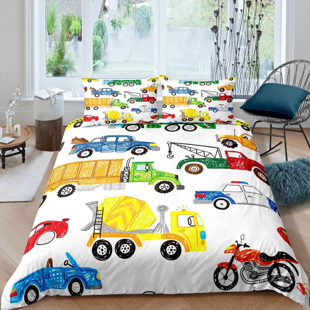 Truck Excavator King Queen Duvet Cover Yellow Tractor Bedding Set For Kids Boys Girls Cartoon Car Transporter 2/3pcs Quilt Cover