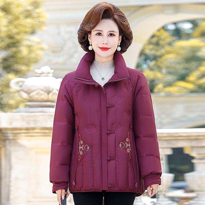 Down jacket female middle-aged and elderly mother winter clothing embroidery foreign gas thickened warm grandma white duck down stand-up collar jacket