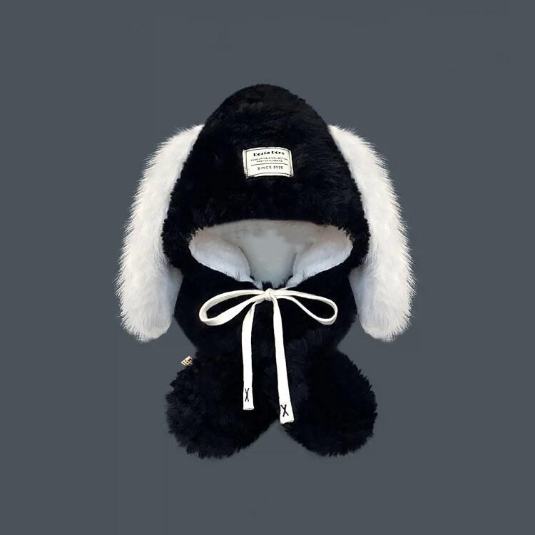 Women s Korean Style Plush Bunny Ear Hat with Warm Ushanka Scarf чёрный
