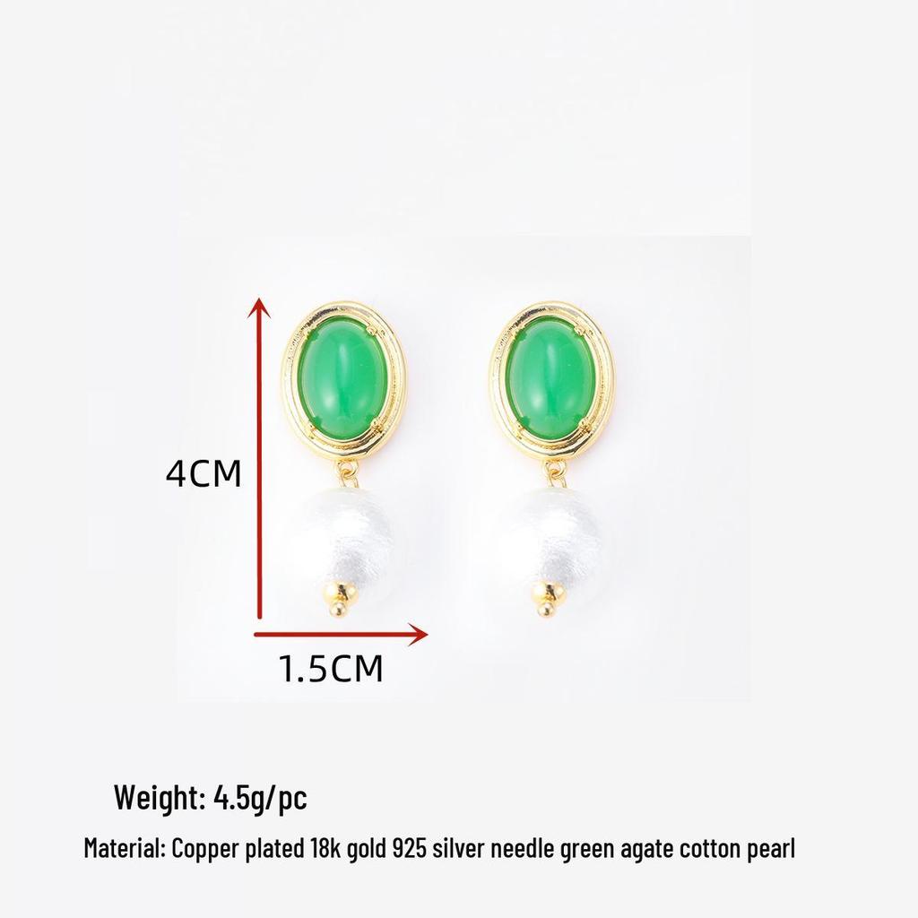 French Baroque Natural Green Agate Cotton Bead Earrings