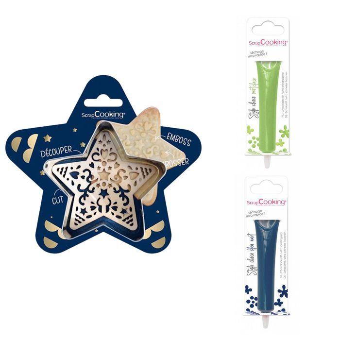 Kit pour biscuit en relief Étoile + 2 Stylos au chocolat vert clair et bleu nuit