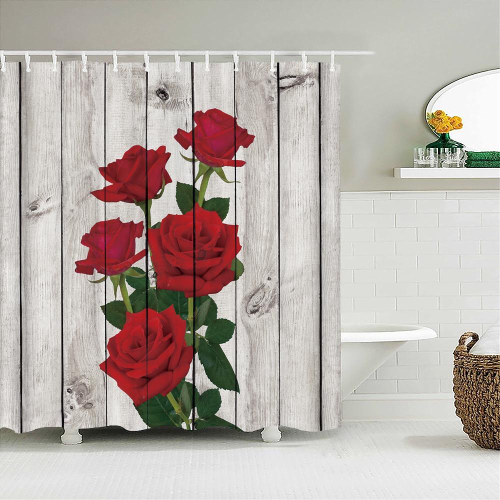 Red Rose Bath Curtain Waterproof Shower Curtains Polyester Flowers Romance Love Bath Screen Printed Curtain For Bathroom Decor