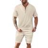 Men's Waffle Collar Solid Color Short Sleeved Shorts Casual Set