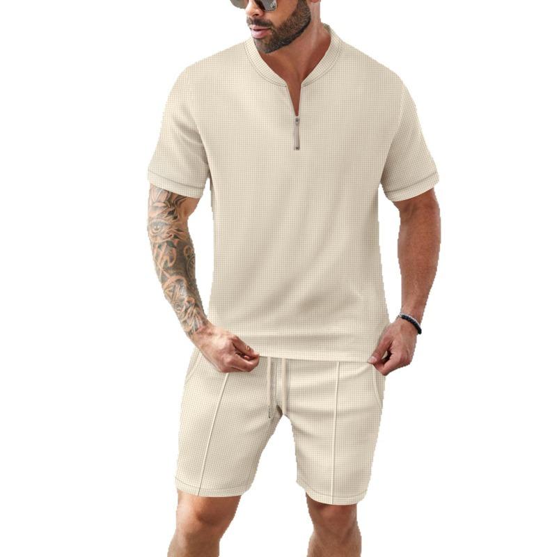 Men's Waffle Collar Solid Color Short Sleeved Shorts Casual Set