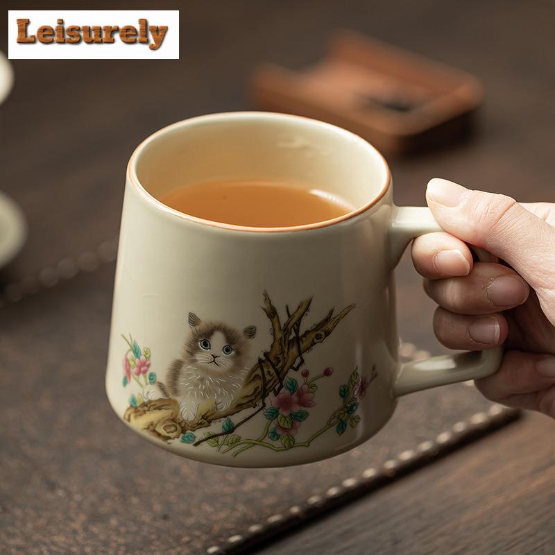 400ml Antique Ru Kiln Porcelain Filter Tea Separator Cup Cute Tree Cat Office Work Mug Personal Water Mug With Lid Handgrip Cups