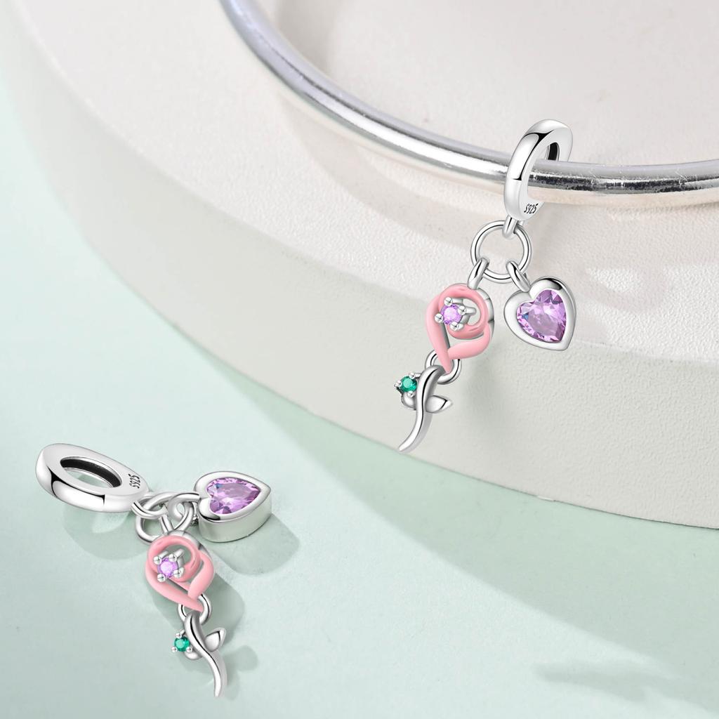 Original Copper Charms Luxury Pink Rose Pendant Plant Beads Fit Bracelet Diy Women Making Delicate Gift