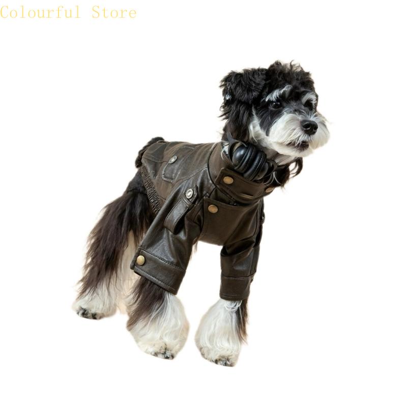 Small Dog Leather Jackets Motorcycles Styles Cyclists Coat with Metal Button Shoulder Belt Warm Fall Winter Pet Costume