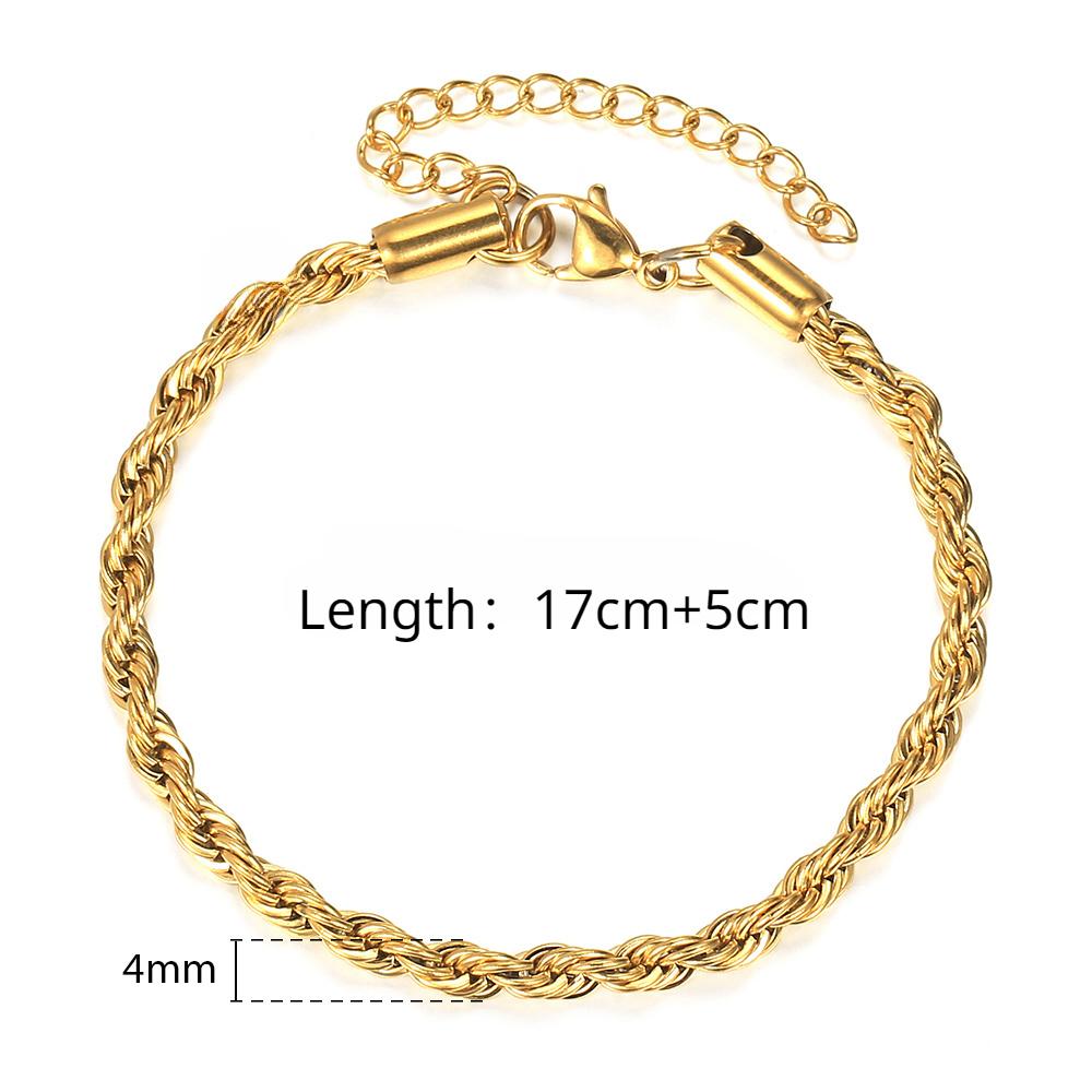 

Браслеты-цепочки из витой веревки из нержавеющей стали 2/3/4/5 мм для женщин и мужчин, модный браслет в стиле панк, регулируемая длина 17 см + 5 см 4mm（17+5cm） золотой
