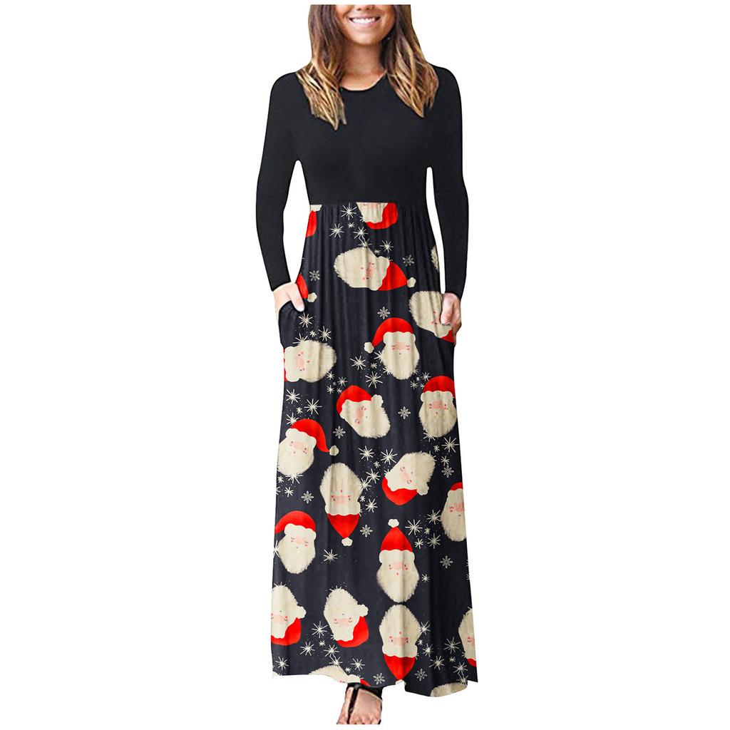 Women's Casual Long Sleeve Round Neck Christmas Print Dress