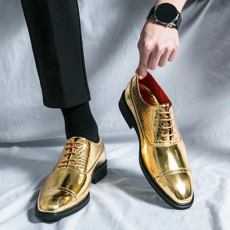 Fashion New Men's Wedding Shoes Black Gold Patent Leather Derby Shoes Lace-up Solid Business Formal Shoes for Men Size 38-46