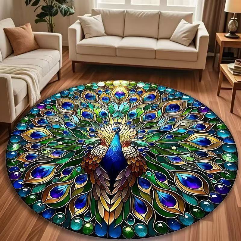 Peacock Pattern Round Carpet Modern Luxury Home Decor Floor Mat Ethnic Style Colorful Non-Slip Rug for Living Room Bedroom