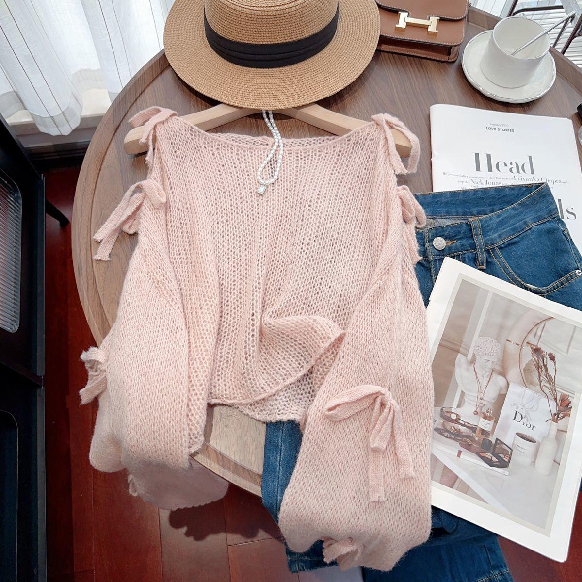 

Милый розовый вязаный свитер с длинными рукавами и завязкой-бабочкой для женщин на раннюю осень. Свободный и ленивый кардиган с ажурным солнцезащитным верхом L