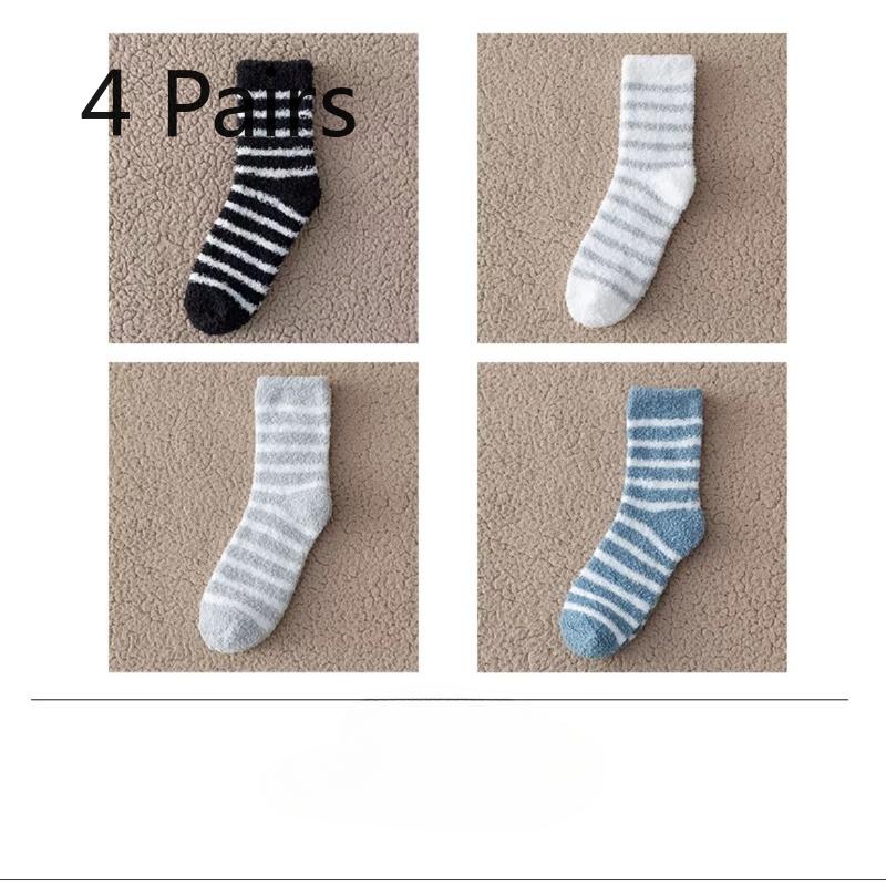 4 Pairs of Winter Coral Fleece Sleeping Floor Socks for Warm Feet and Home Men, Thickened, Warm and Cold-proof Mid-calf Striped