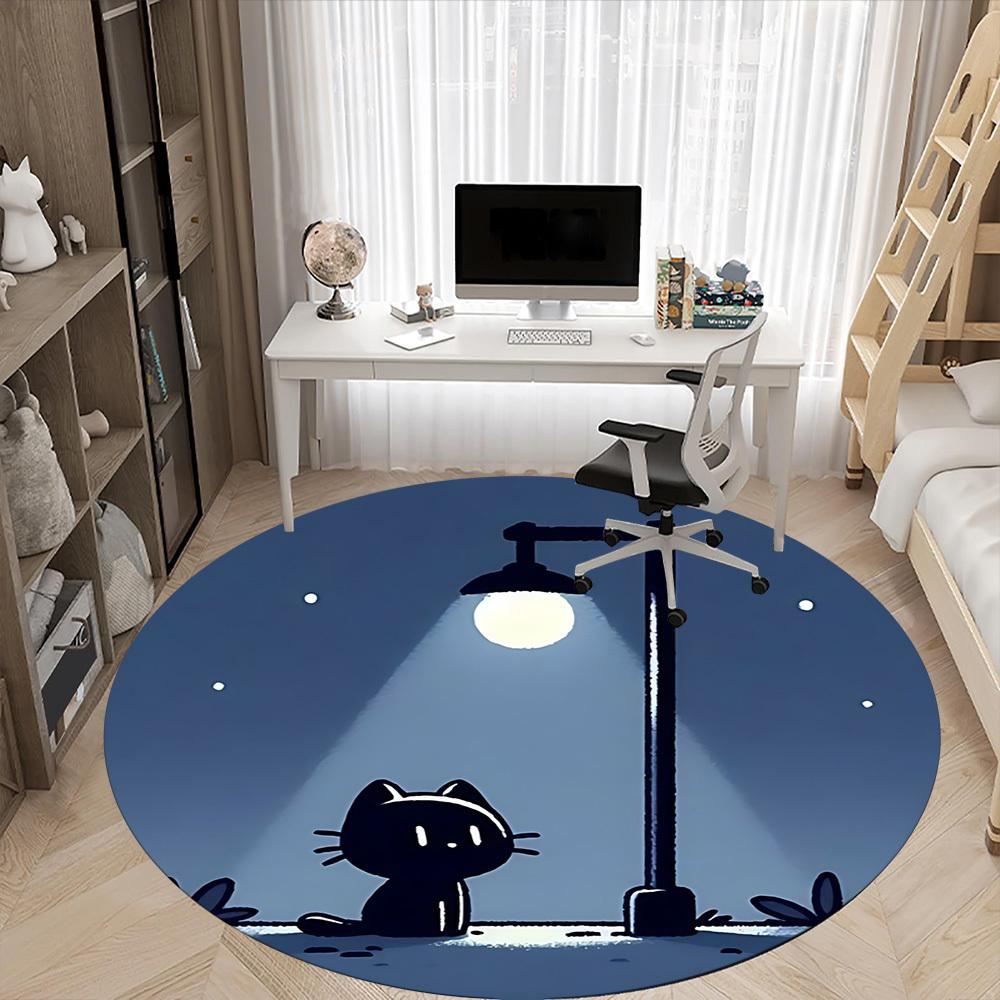 1pc Night Cat Office Round Area Rug, Indoor Mat Suitable For Office, Under Office Chairs Bedroom Living Room Home Decor, Room Deco 078