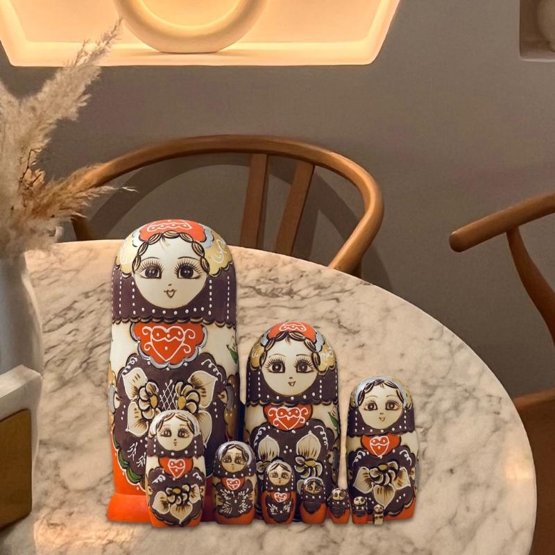 Collectible Russian Nesting Dolls 10pcs Wood Matryoshka Babushka Set Handpaint Stacking Doll Folk Arts Festival Ornament