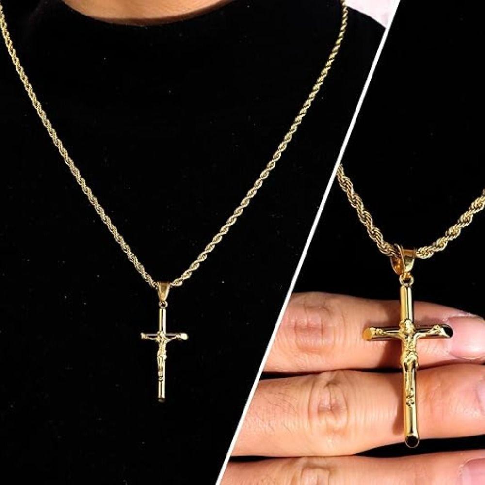 Trendy Stainless Steel Holy Cross Twist Chain Exquisite Crucifix Pendant Hypoallergenic Versatile Rope Chain Easter