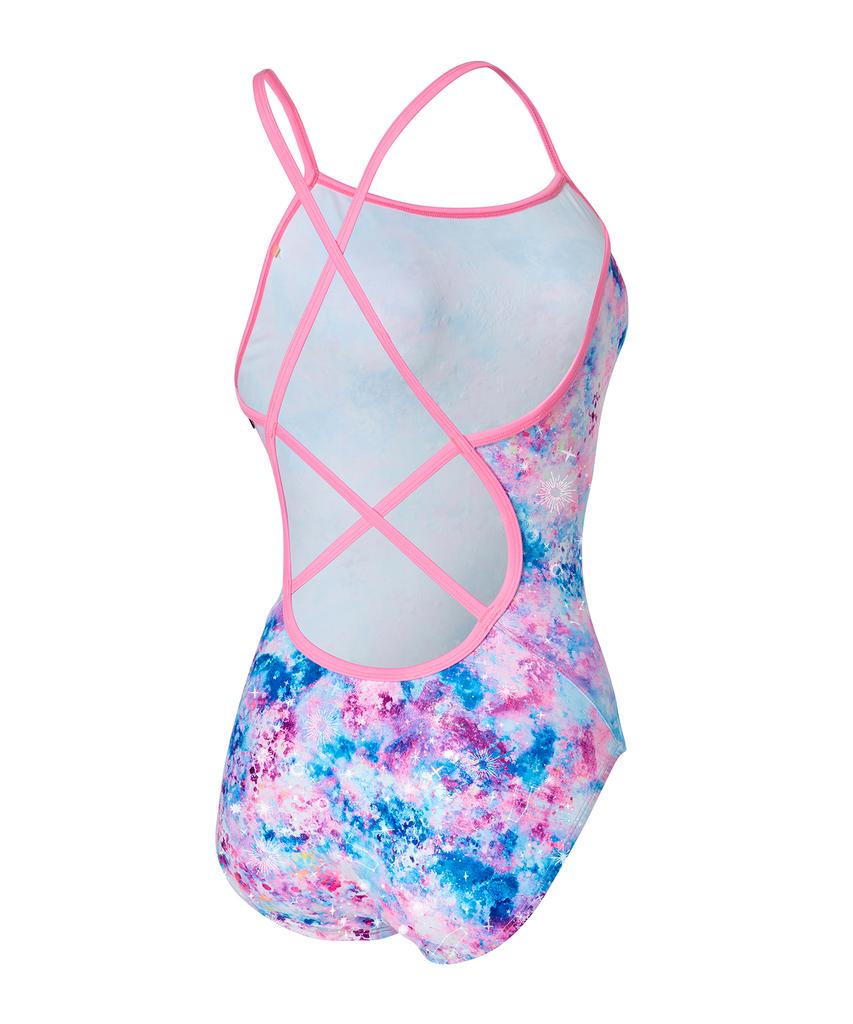 Laelliseupocheu [Rsla417 Mlt] Perfume Foil Double Strap X-Back Swimsuit Multi