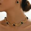 Елегантний Набір Прикрас Boho Chic Латунний З Покриттям 14K Золотом З Чорними Овальними Скляними Каменями Намисто та Сережки Ідеально Для Вечірок Прикраси в Стилі Арт-Деко