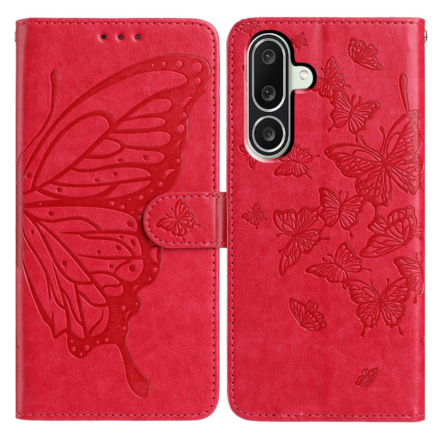 

For Samsung Galaxy M56 5G Case Butterfly Imprinted Wallet Stand PU Leather Flip Phone Cover with Strap Red