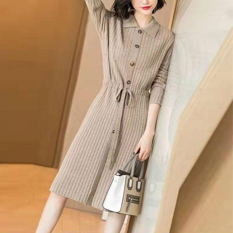 Vintage Basic Solid Color Knitted Midi Dress Autumn Winter Turn-down Collar Button Female Clothing Fashion Drawstring Dresses