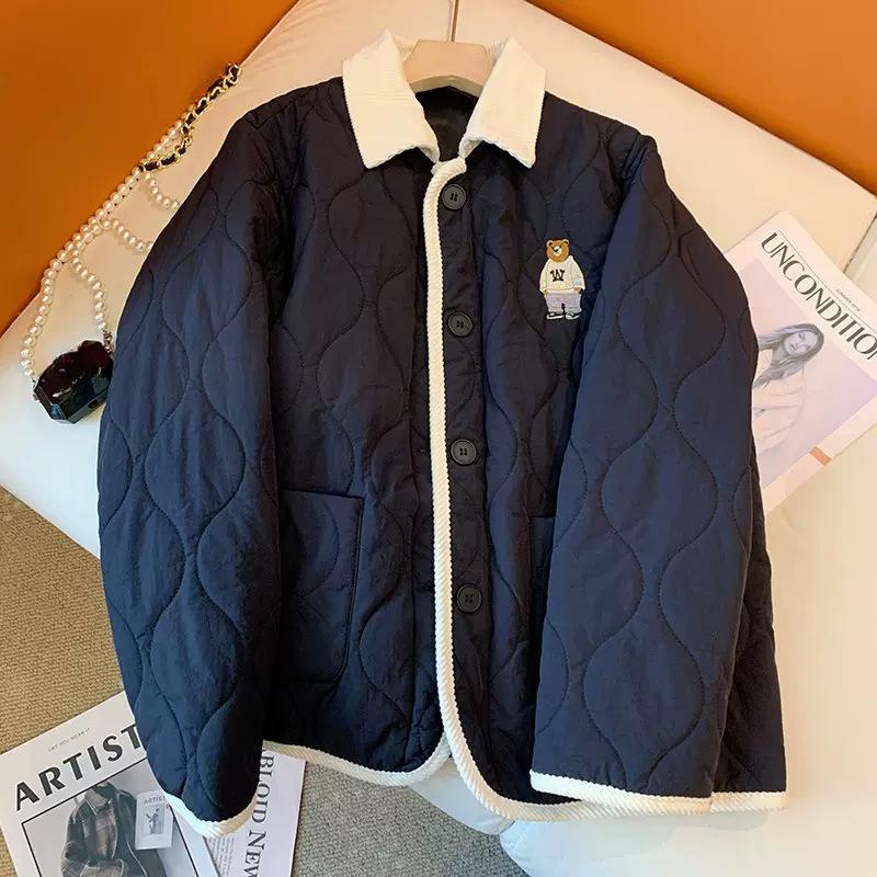 Retro bawełniana kurtka z haftowanym misiem, kontrastowe kolory, obszyte krawędzie, dla mężczyzn i kobiet, moda zimowa, pikowana w romby, luźna, gruba, z kołnierzem