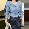 Spring Autumn Waist-cinching Korean Shirts 2025 New Design Blue Tops Women's