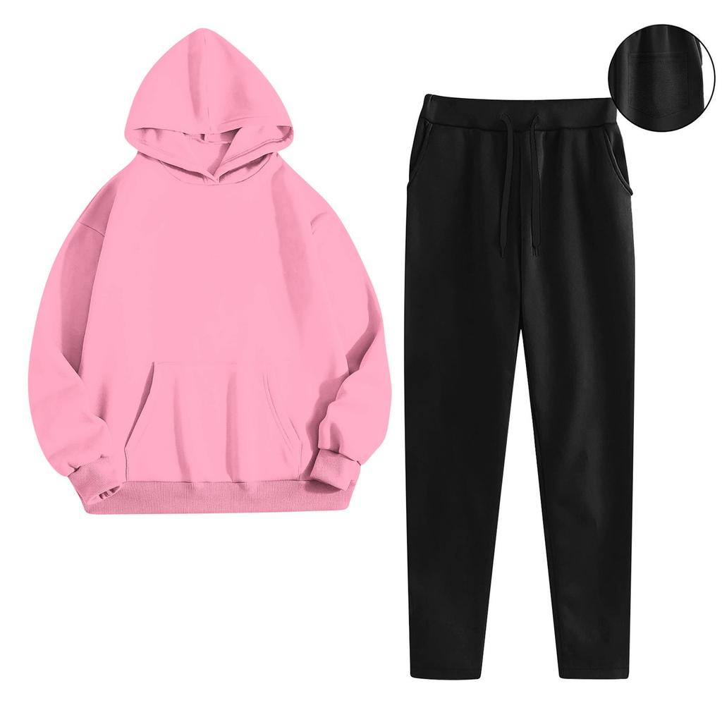 Women's Fashionable Relaxed-Fit Hooded Sweatshirt With Pockets And Fleece-Lined Trousers Set