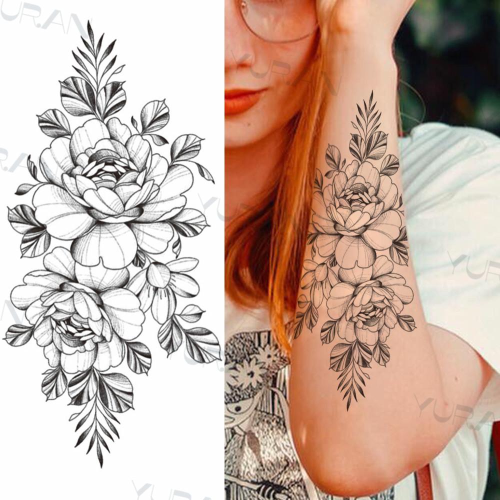 Zwarte Grote Slang Bloem Fake Tattoo Sticker Voor Vrouwen Dot Rose Pioen Tijdelijke Tattoos DIY Water Transfer Tatoos Meisjes