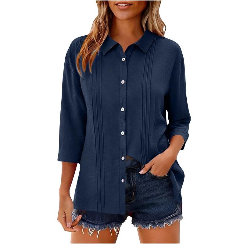 Summer New Women's Casual Tops Three-quarter Sleeve Solid Color Lapel Cotton and Linen Loose Shirt