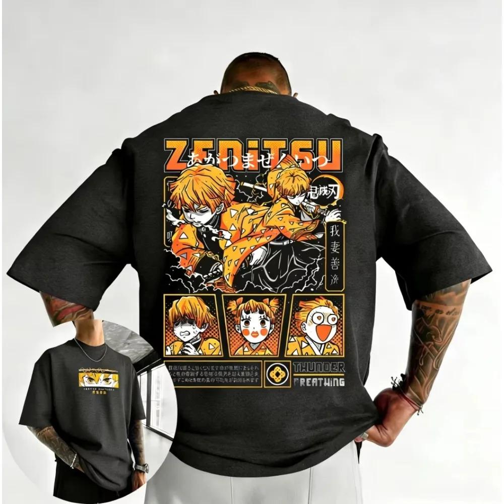 Demon Slayer Zenitsu Agatsuma Thunder Breathing Manga Dual-Sided Oversized T-Shirt Japanese Anime Harajuku Streetwear Unisex Casual White T-shirt