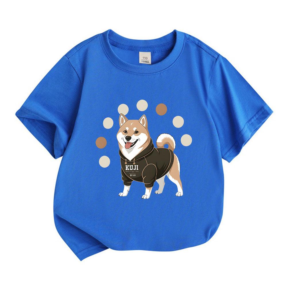Kids Boys Girls Crew Neck Short Sleeve 100% Cotton T-Shirt, Cute Smiling Shiba Inu Dog in Hoodie Graphic Casual Soft Breathable Tee Top for Children D