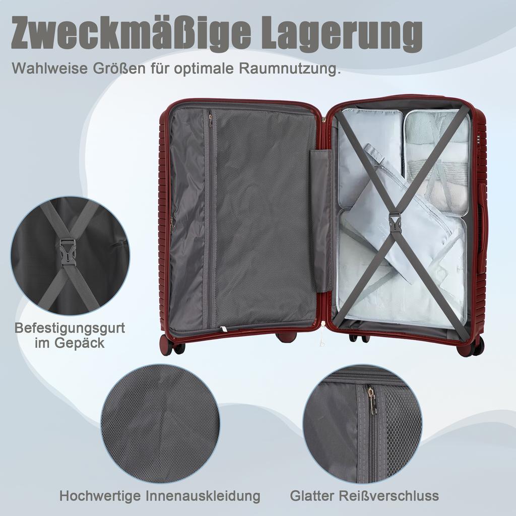 20"/24"/28" 3-Piece PP Spinner Luggage Set – Sizes with Side Handles, Hanging Hooks & Protective Feet – Integrated Combination Lock (Red)