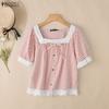 ZANZEA Women Lace Splice Square Collar Casual Short Sleeve Grid Print Blouse