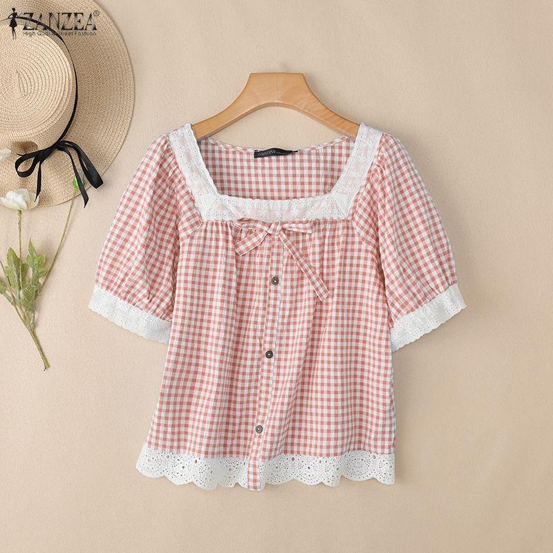 ZANZEA Women Lace Splice Square Collar Casual Short Sleeve Grid Print Blouse