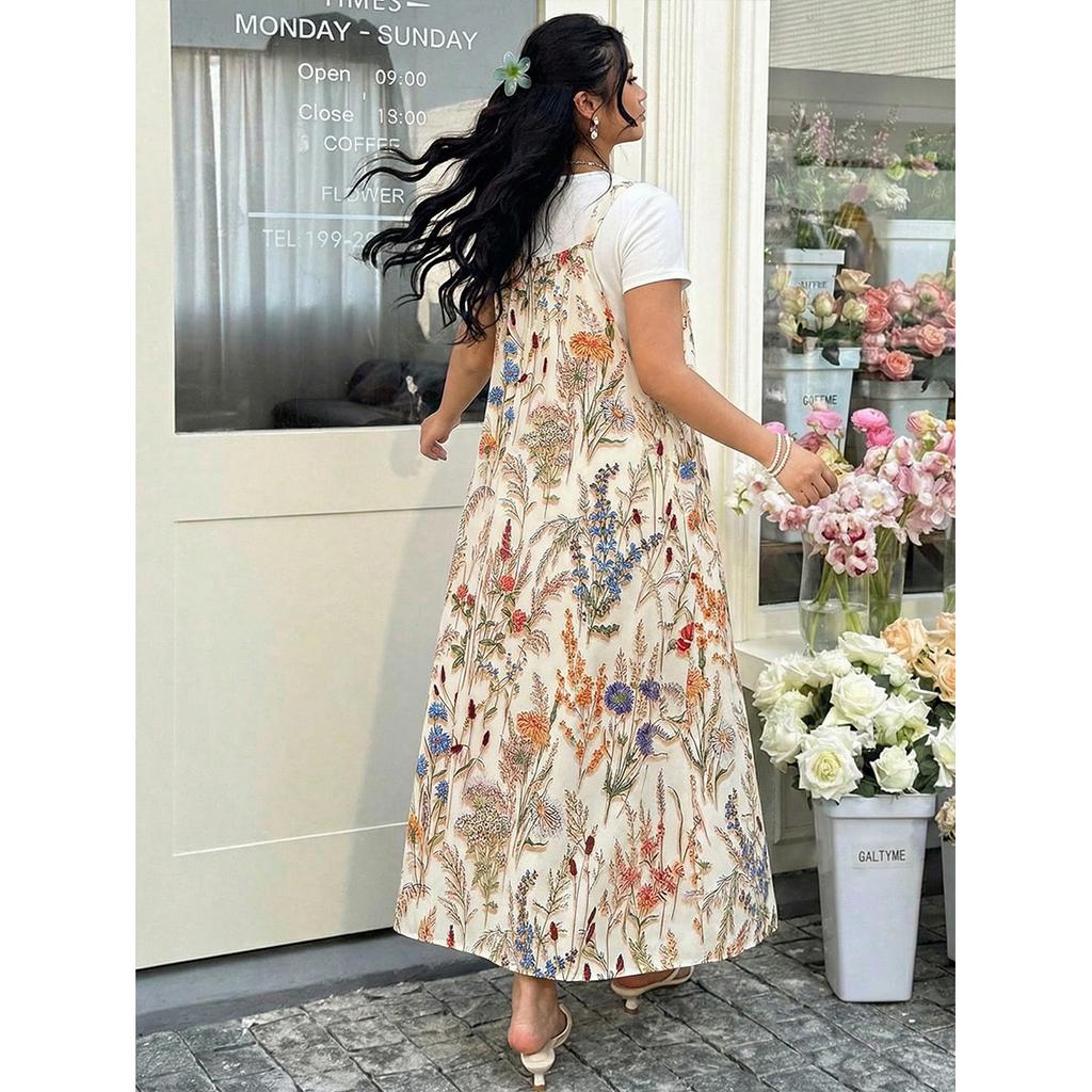 Floral Print Overall Dress Loose Plus Size Sleeveless Long Dress Layered Versatile Vacation Printed Dress Elegant Fashion Comfortable Dress