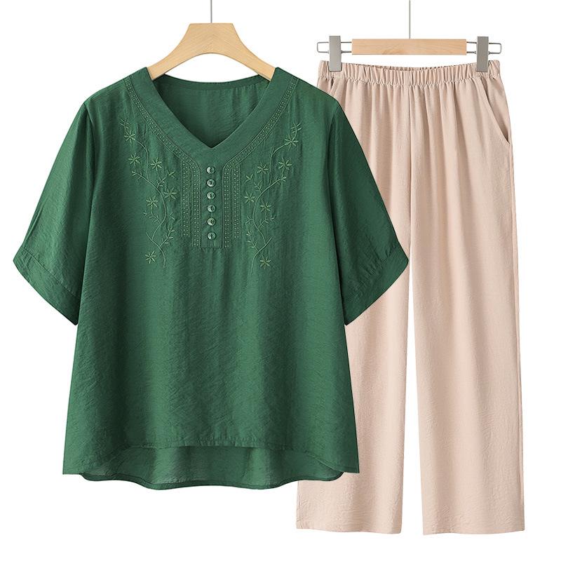 Women's Tencel Linen Embroidered Short-Sleeve T-Shirt & Pants Two-Piece Set - Summer 2025 Collection for Middle-Aged Moms