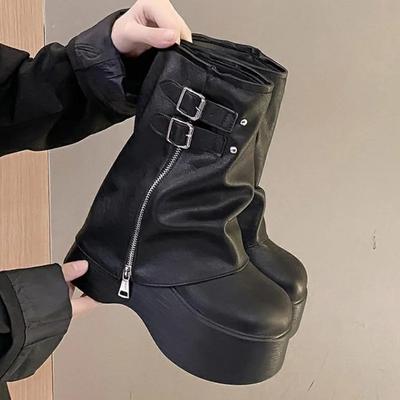 Modne 9CM miękkie skórzane buty do kostki do połowy łydki zimowe jesienne wysokie platformy klinowe brytyjskie buty damskie nowe damskie grube buty motocyklowe