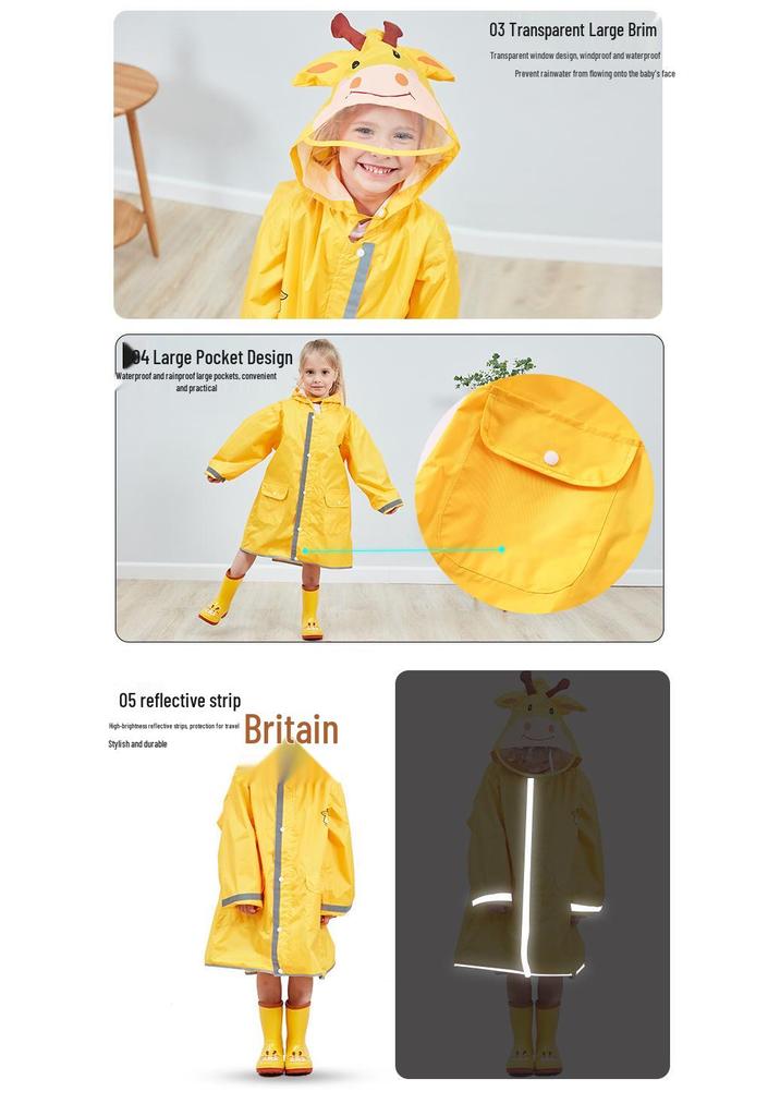 3D Children's Raincoat with Large Brim and Safety Reflective Strips for Boys, Girls, and Babies