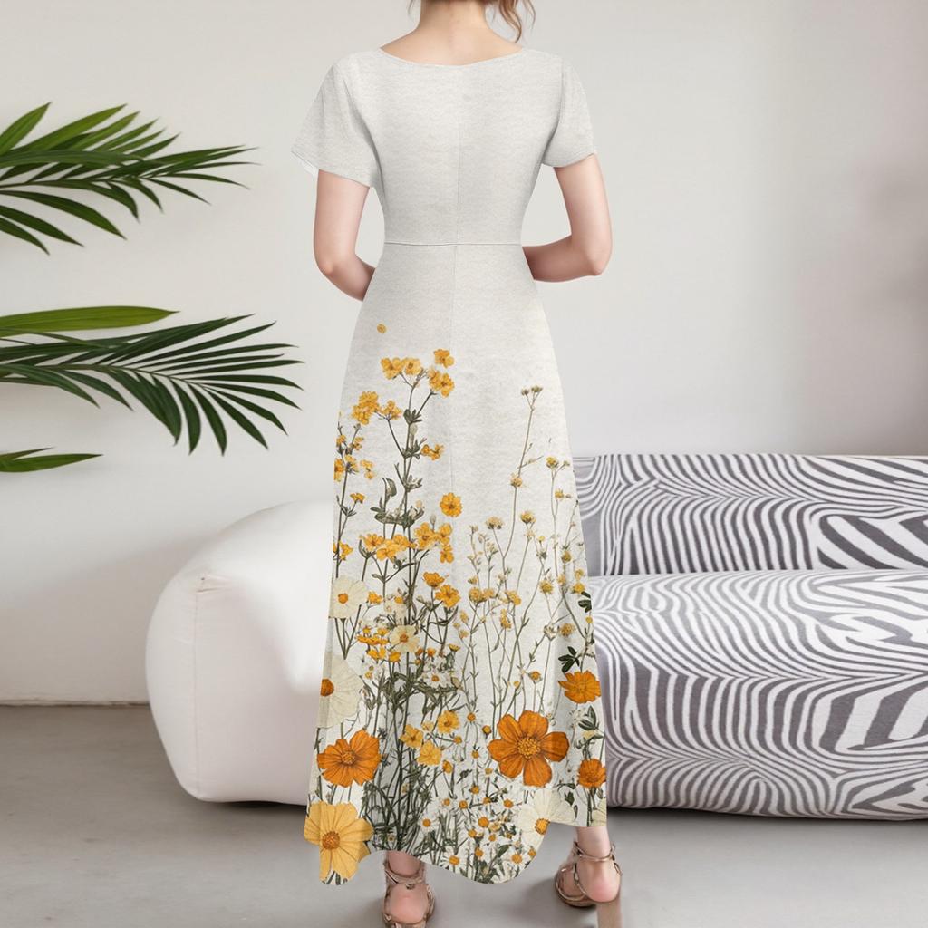 Women's Summer Floral Print V Neck Short Sleeve Maxi Dress Flowing A-Line Maxi Dress Bohemian Holiday Beach Dress