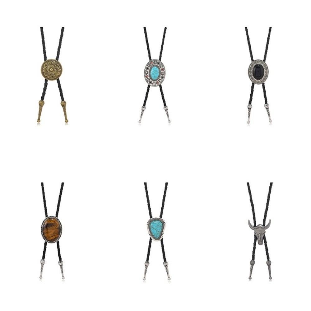 Vintage Artistic Bolo Tie Necklace Antique Silver Round Disc Retro Tie Necklace Turquoise Inlaid Personality