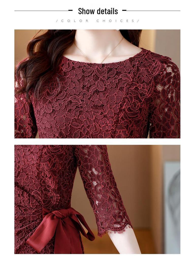 2023 Summer Wine Red Retro Lace Evening Dress