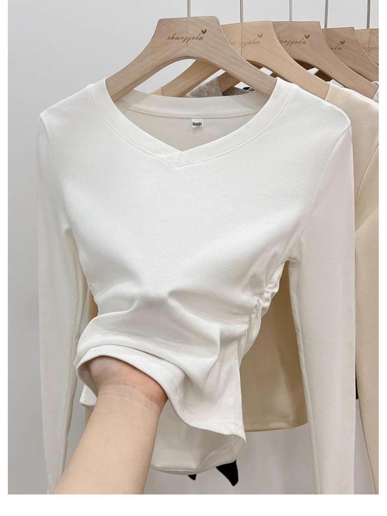 Damen V-Ausschnitt Slim-Fit Langarm-T-Shirt, Neuer Frühling/Herbst Stil mit Raffung an der Taille, Schickes Hot Girl Top, Vielseitiges Basic-Shirt.